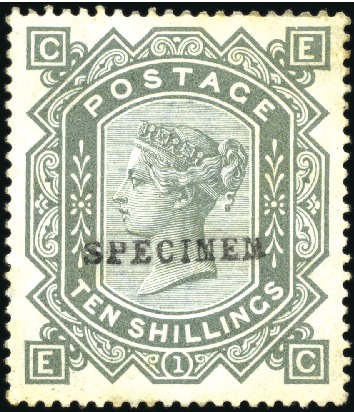 Stamp of Great Britain » 1855-1900 Surface Printed 1883 10s Grey-Green, wmk Anchor, with Specimen typ