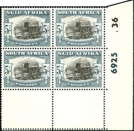 Stamp of South Africa » Union & Republic of South Africa 1947-54 5s Cylinder block of four, mint nh, showin