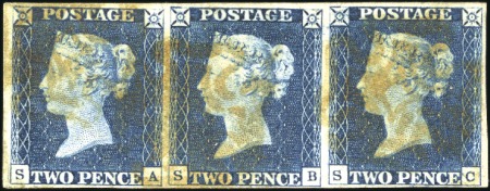Stamp of Great Britain » 1840 2d Blue (ordered by plate number) 1840 2d Blue pl.1 SA-SC strip of three with fine t