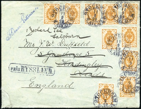 1898 Envelope to England with ten Finnish 1k, canc