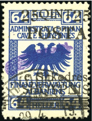 Stamp of Albania 1919 25q on 64h dark blue with comet overprint, wi