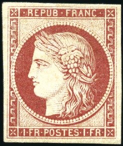 Stamp of France 1849 1F carmin, réimpression officielle de 1862, n