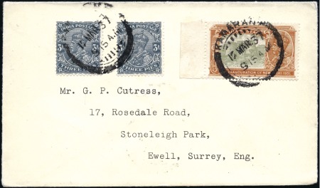 ADEN: 1937 Envelope with 1/4a and two 3p tied by K