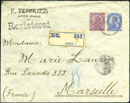 ADEN: 1918 (May 7) Envelope sent registered to Fra