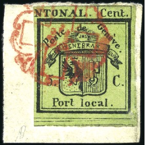 Stamp of Switzerland / Schweiz » Kantonalmarken » Genf Rechte Hälfte Doppelgenf auf kleinem Briefstück üb