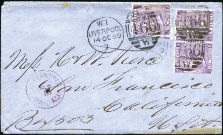 Stamp of Great Britain » 1855-1900 Surface Printed 1869 (Oct 14) Envelope to the USA with three 1867-