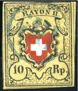 Stamp of Switzerland / Schweiz » Rayonmarken » Rayon II, gelb, ohne Kreuzeinfassung (STEIN A 1) Type 16 A1/U, Mittel-Tabakbraun (16II.ac), mit bla