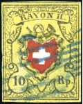 Stamp of Switzerland / Schweiz » Rayonmarken » Rayon II, gelb, ohne Kreuzeinfassung (STEIN D) Abstempelungen, vier Stein D Marken