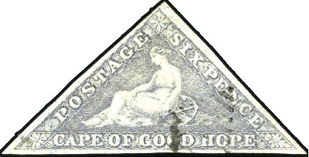 1855-63 Triangular 6d slate-purple on blued paper,