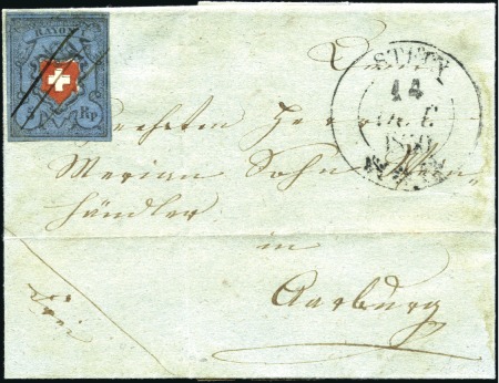 Stamp of Switzerland / Schweiz » Rayonmarken » Rayon I, dunkelblau mit Kreuzeinfassung Type 2 leicht mit Tintenstrichen entwertet auf kl.