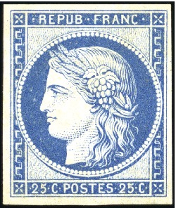 Stamp of France 25 Cérès, Réimpression Granet, TB, rare, signé JF.