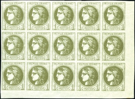 Stamp of France 1870 1c Bordeaux Report 3 en bloc report de 15, ne