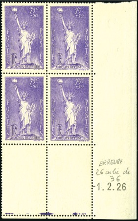 Stamp of France 1936 Statue de la Liberté en bloc de 4 neuf coin-d