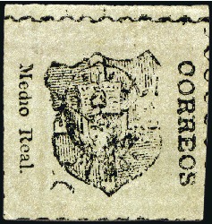 Stamp of Dominican Republic 1865 Medio Real and Un Real black, on laid paper, 
