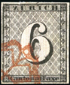 Stamp of Switzerland / Schweiz » Kantonalmarken » Zürich 6Rp (Type I, 76. Marke), senkrechte Untergrundlini