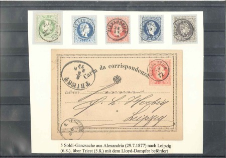 Stamp of Egypt » Austrian Post Offices 1877-78, Group of 5 stamps on pieces and a 5s post