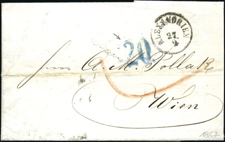 Stamp of Egypt » Austrian Post Offices 1867 Cover to Vienna with scarce "20" in blue, Ale