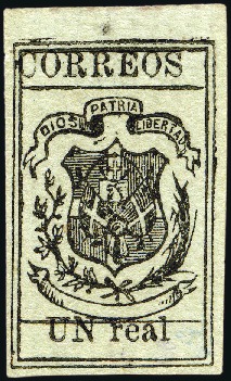 Stamp of Dominican Republic 1866 UN Real black on pale green, laid paper, unus