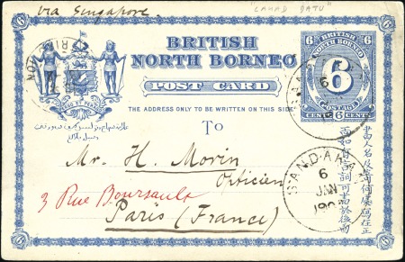 1903 6c postal card to France cancelled Sandakan, 