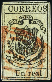 Stamp of Dominican Republic 1866 Un Real black on pale green, used with red ov