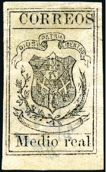 Stamp of Dominican Republic 1867-71 Medio Real black on rose, pelure paper, un