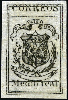 Stamp of Dominican Republic 1867-71 Medio Real black on lavendar, pelure paper