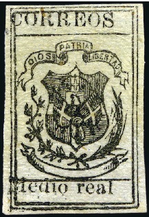 Stamp of Dominican Republic 1867-71 Medio Real black on greenish grey, pelure 