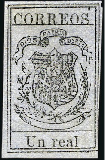 Stamp of Dominican Republic 1867-71 Un Real black on lavender, pelure paper, u