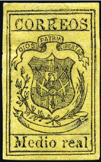 Stamp of Dominican Republic 1870-73 Medio Real black on yellow, ordinary paper