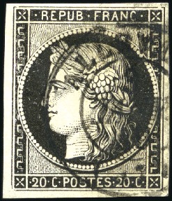 Stamp of France 1849 20c noir obl. càd Allevard 03.01.49 Isère, TB