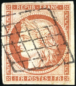 Stamp of France 1849 1F vermillon obl. grille, réparé, TB d'aspect