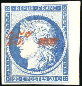 1849 25c sur 20c bleu, bord de feuille latéral dro