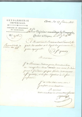 1812 Document à en-tête Gendarmerie impériale d'Ar