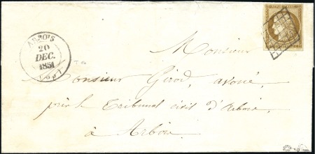 1849 10c bistre-jaune obl. grille sur lettre d'Arb