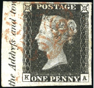 Stamp of Great Britain » 1840 1d Black and 1d Red plates 1a to 11 1840 1d Black pl.1b KA left marginal with inscript