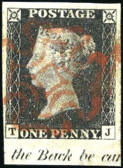 Stamp of Great Britain » 1840 1d Black and 1d Red plates 1a to 11 1840 1d Black pl.1a TJ lower marginal with inscrip