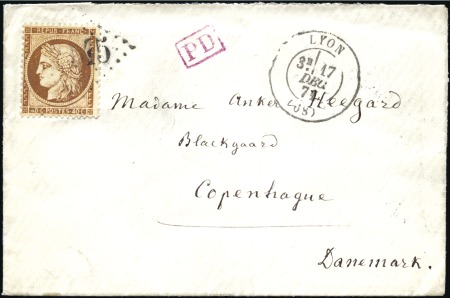 1871 Lettre de Lyon 17.12 pour le DANEMARK avec 40
