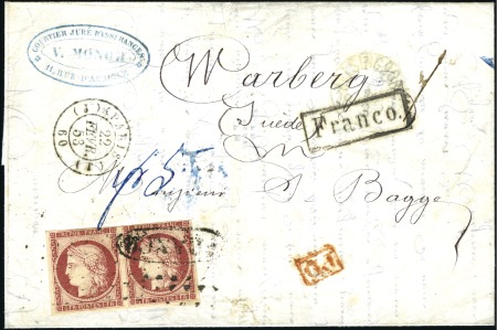 Stamp of France 1849 1F carmin en paire, touchée, obl. gros points