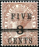 1891 5c on 3c on 3c red-brown, mint showing "FIVE"