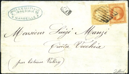 Stamp of France 10c Lauré +40c Lauré obl. grille de Civita Vecchia