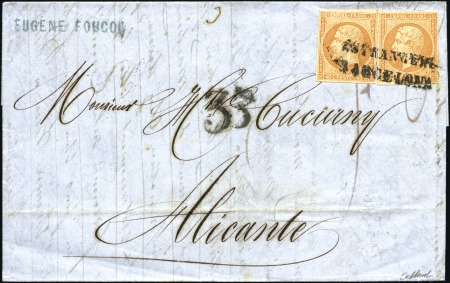 Stamp of France 40c Empire ND x2, bien margés, obl. ESTRANGERO BAR