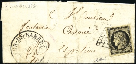 Stamp of France 1849 20c noir sur lettre avec grand càd Mur de Bar