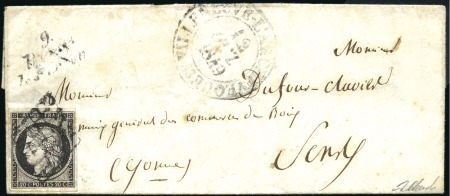 1849 20c noir sur lettre avec cursive "9 Rigny le 
