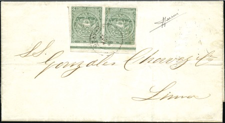 Stamp of Ecuador 1865-72 1R Green in pair with large margin at bott