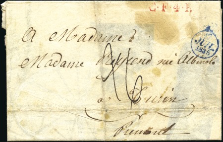 1835 Lettre sans timbres de Paris pour Turin, bell