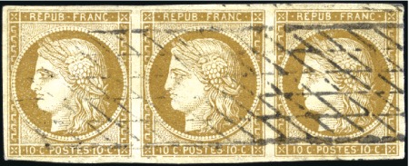 Stamp of France 1849 10c Cérès en bande de trois obl. grille sans 