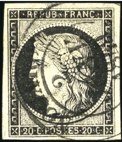 Stamp of France 1849 20c noir obl. càd T14 Nogaro 2 janvier 49, TB