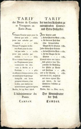 1806 Affiche des "Tarif des droits de Couriers et 