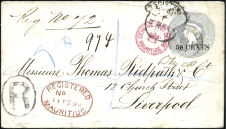 1891 50c on 8c postal stationery envelope sent reg