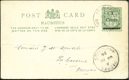 1925 3c on 4c postal stationery card to Vacoas, ca